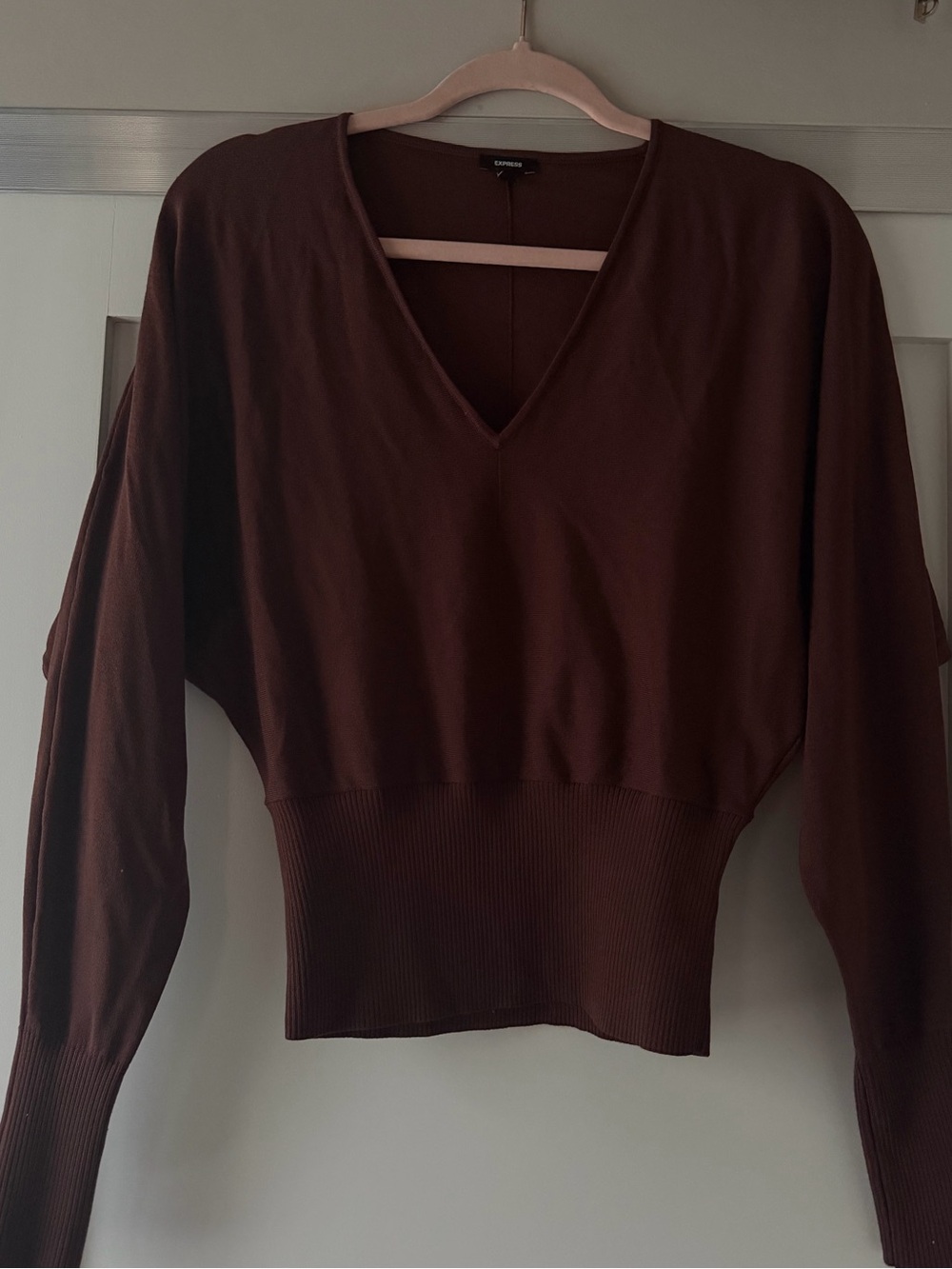 Express V-Neck Ribbed Hem Brown Women's Top